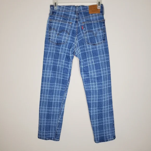 Levi's x Free People Blue Plaid Print High Rise Button Fly Wedgie Straight Jeans - Picture 7 of 13